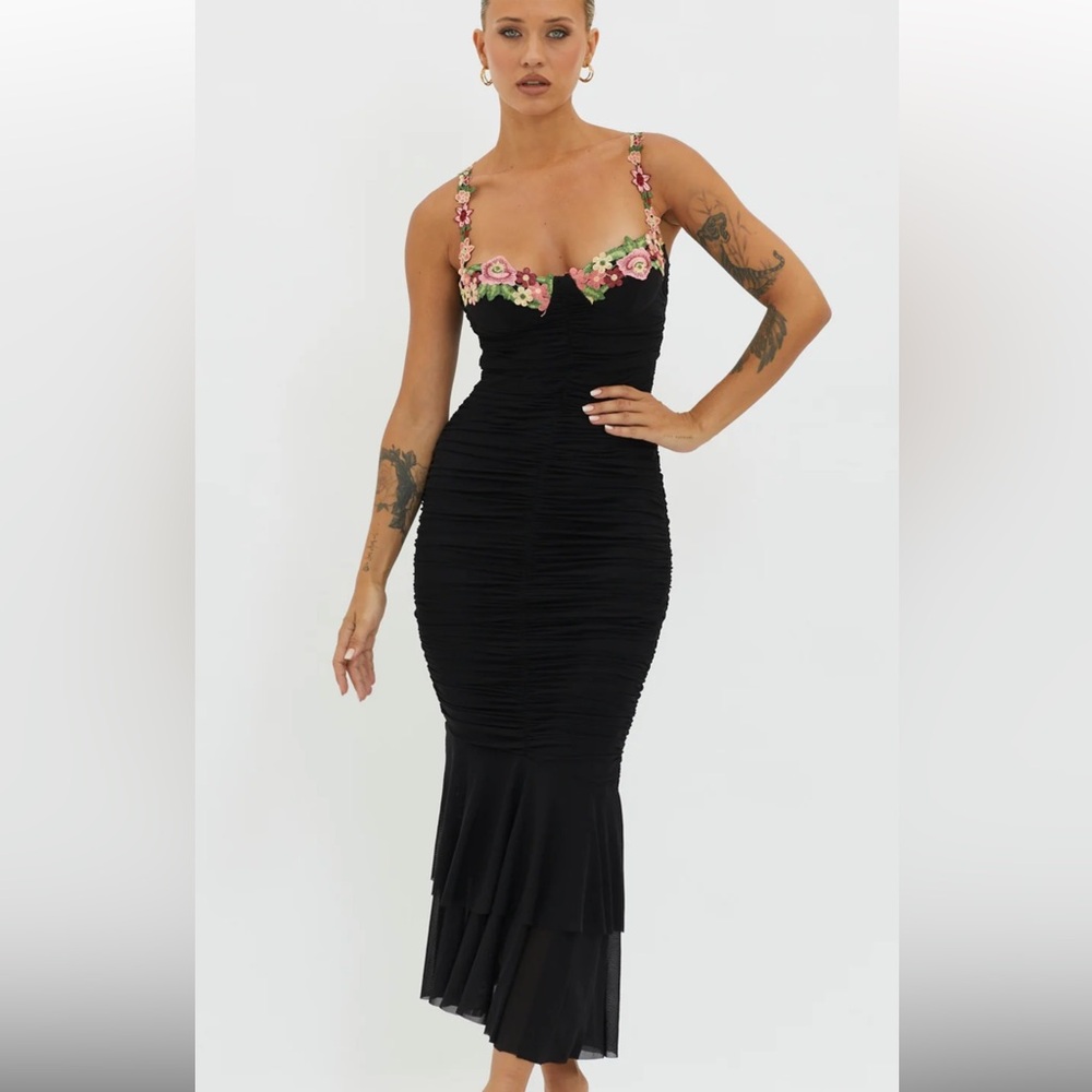 Saints & Secrets Rose Garden Ruched Mesh Midi Dress Black size xs